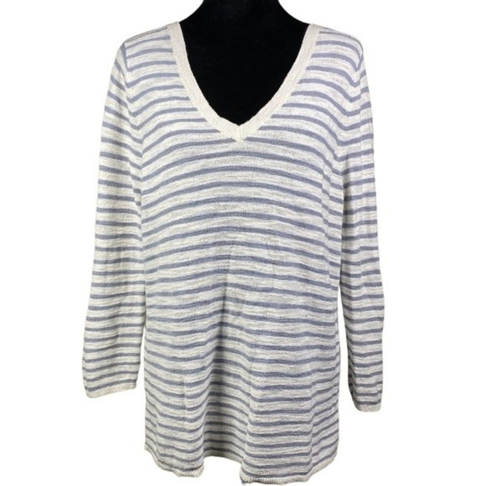 Loft‎ lightweight grey & white striped cotton blend v-neck sweater size large